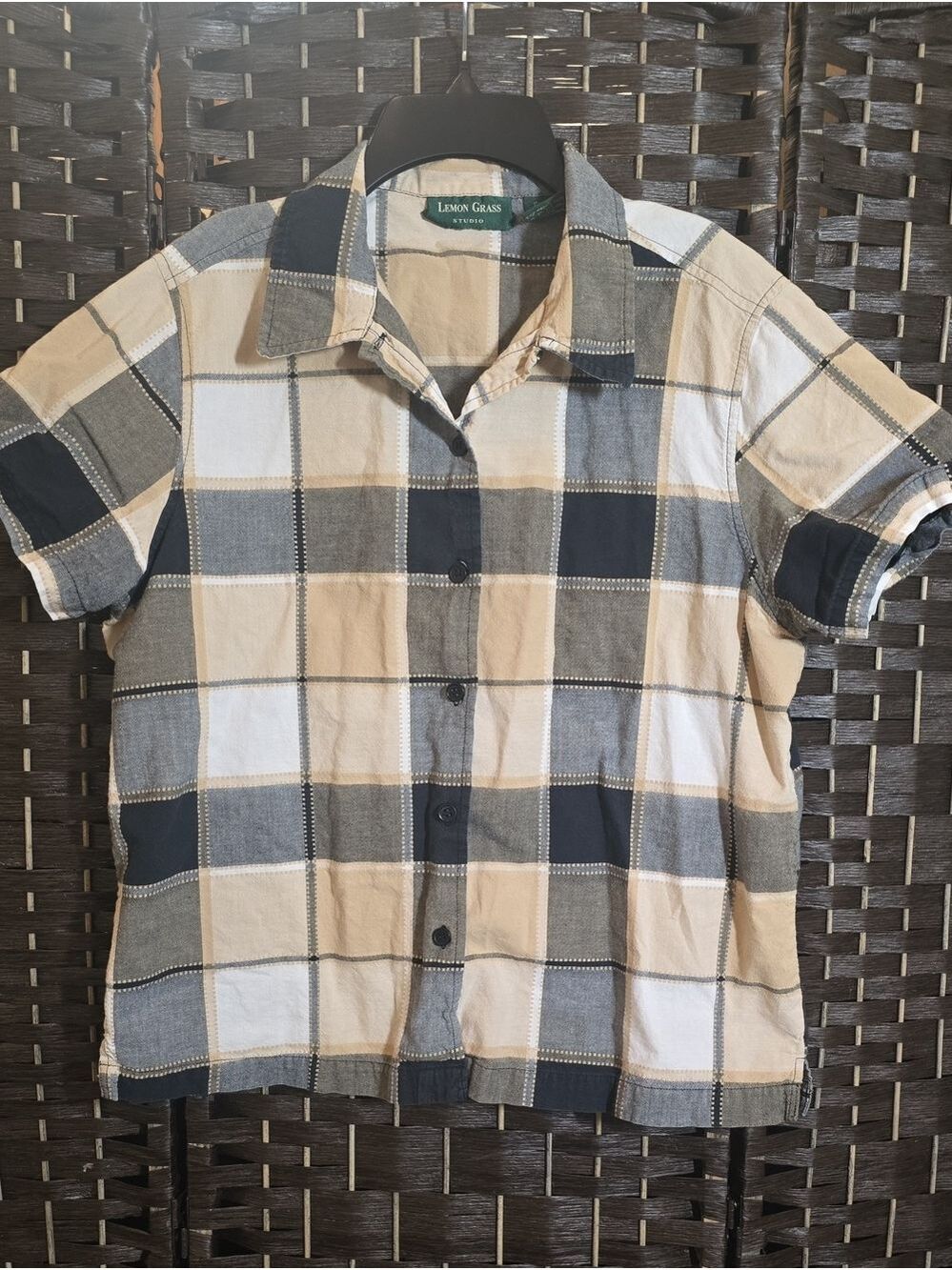 Lemon Grass Studio Neutral Plaid Collared Short Sleeve Blouse